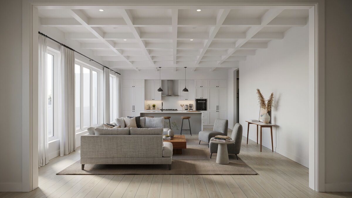 Beautiful living room with box beam coffered ceiling and gray couches and chairs open to kitchen