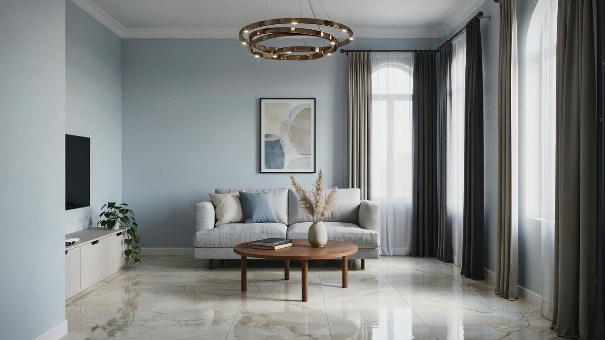 Beautiful living room with tile floors dark curtains and round modern chandelier lighting