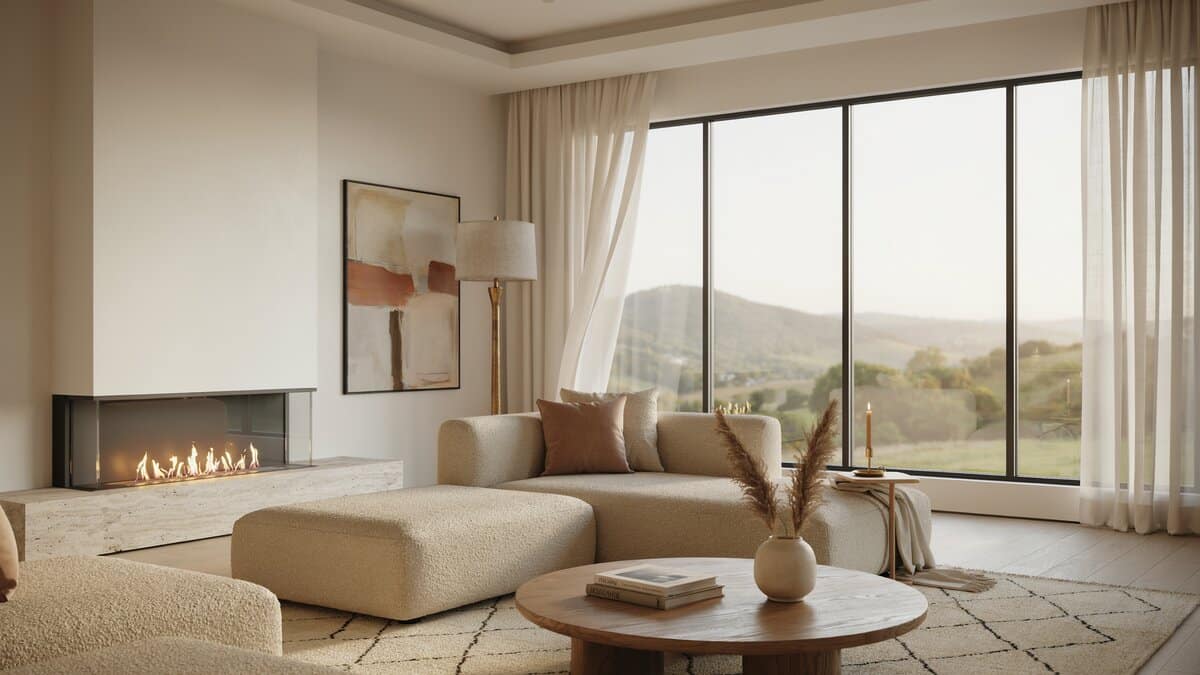 Beautiful luxury living room with modern rectangular fire pit and high ceilings