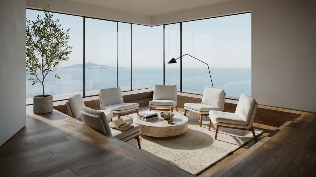Beautiful ocean view living room with modern design