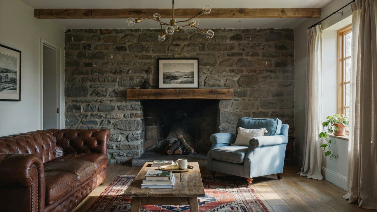 Beautiful rustic living room with coarse stone fireplace and chandelier