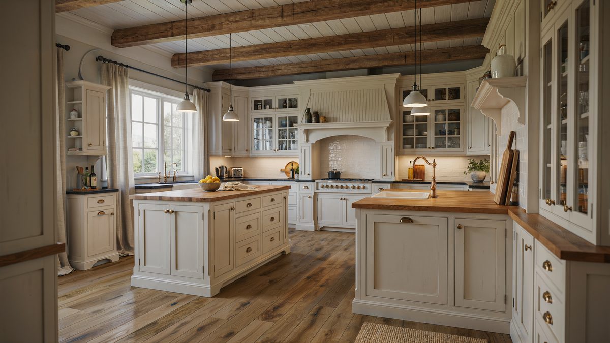 Two cream islands under whitewashed beams and an arched plaster range hood