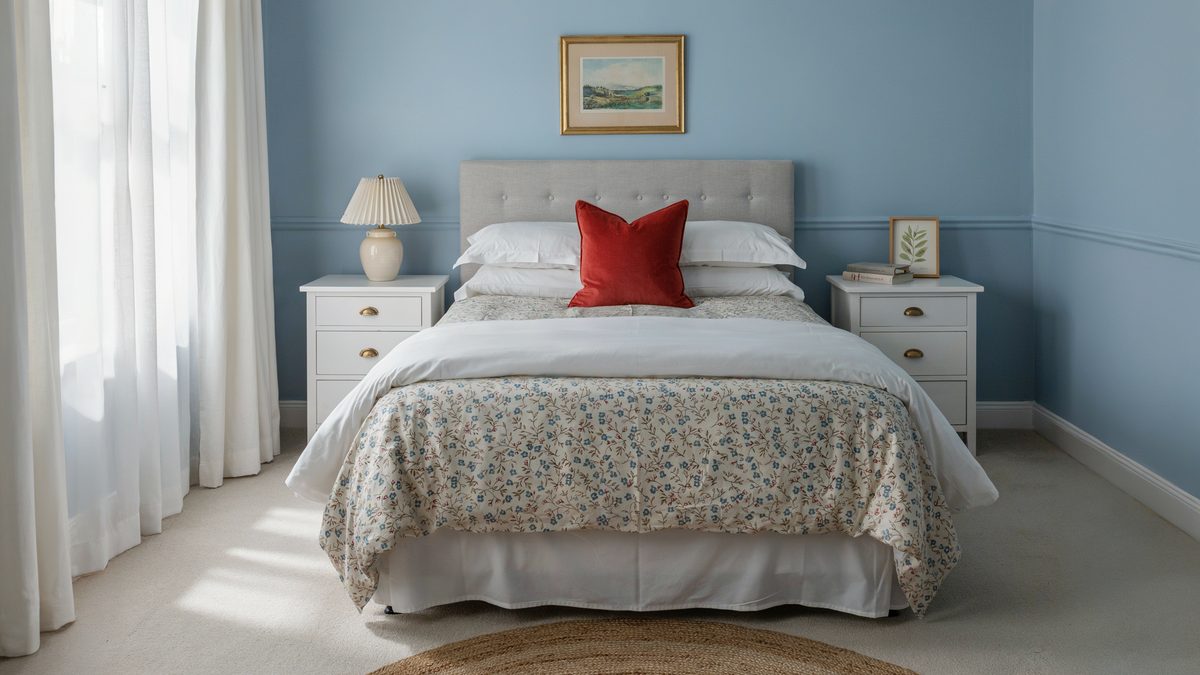 Sky blue walls with floral bedding, white nightstands and a red pillow