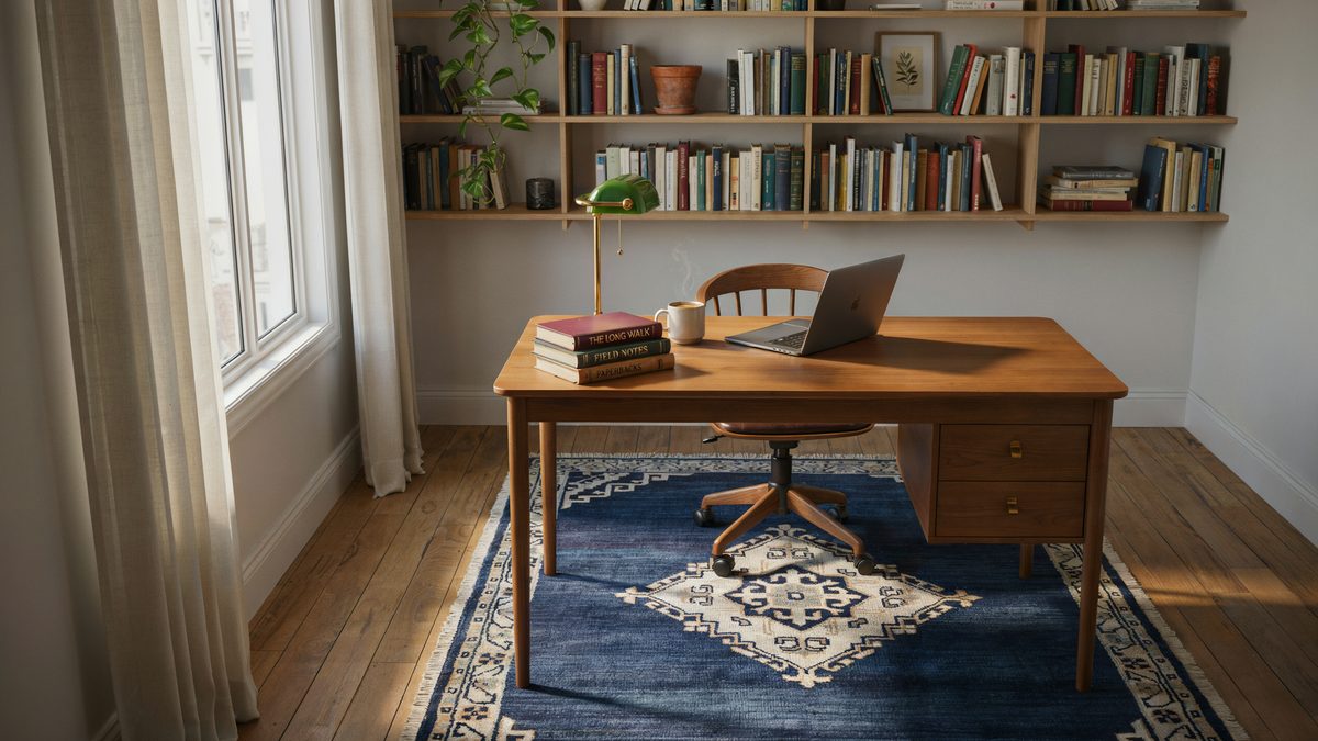 Deep blue Turkish rug under a wood desk with wall to wall bookshelves