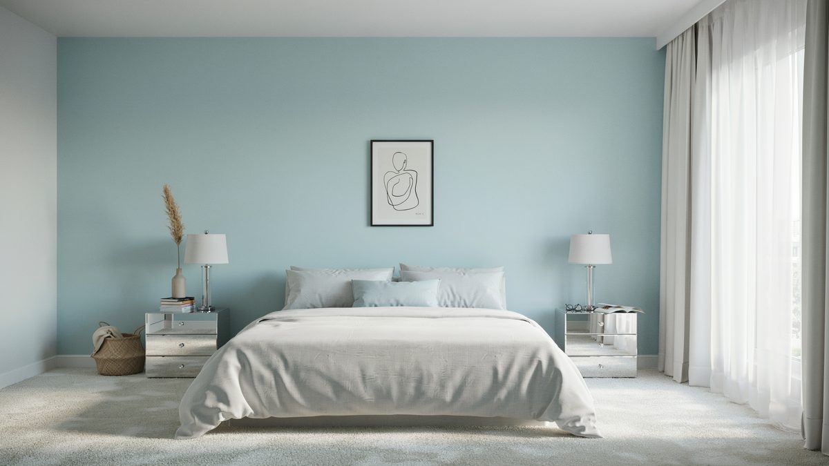 Aqua blue accent wall with mirrored nightstands and pale white bedding