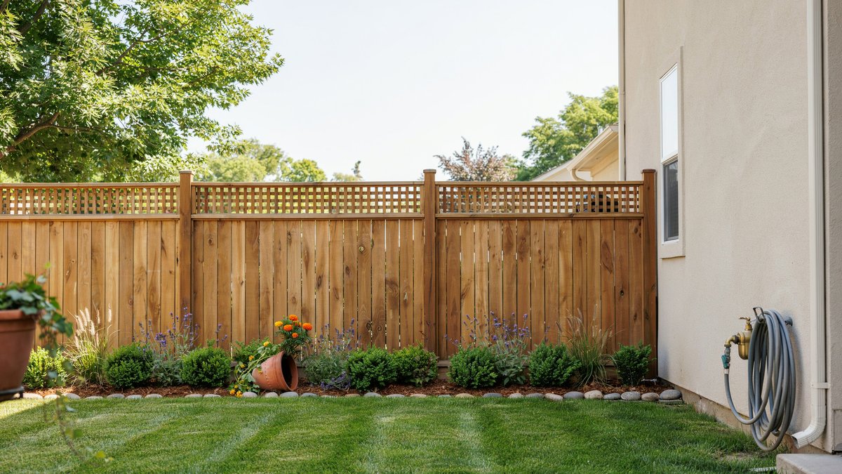 Cedar fence topped with square lattice above a flower border