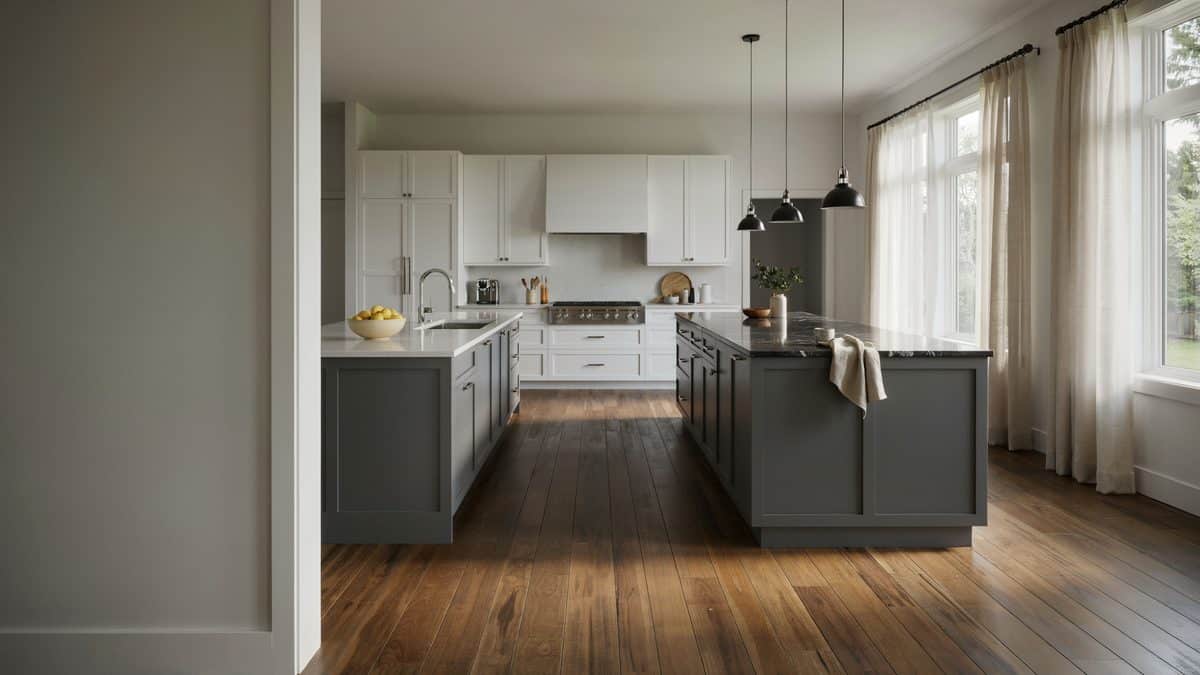 Charcoal islands running parallel through a white kitchen with dark plank floors