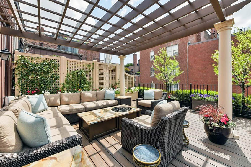 Contemporary deck with pergola and portable fire pit