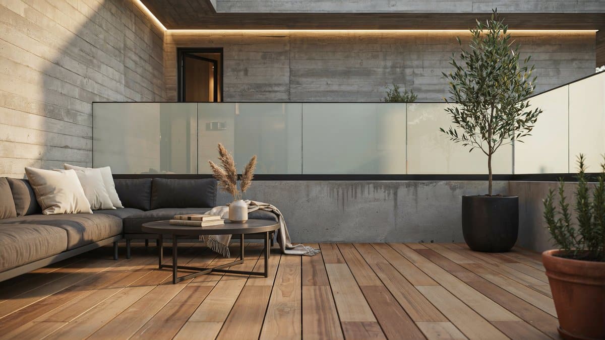 Frosted glass panel railing surrounding a sheltered deck lounge area