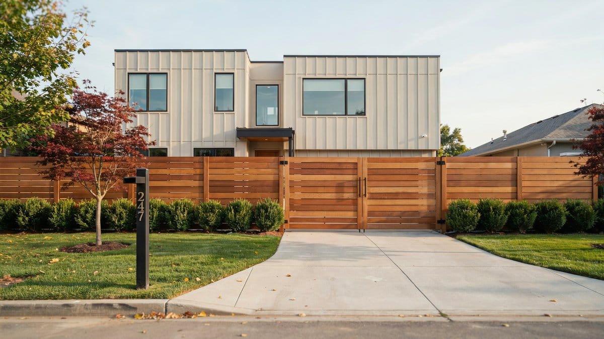 Cedar slat gate and fence screening a modern home driveway