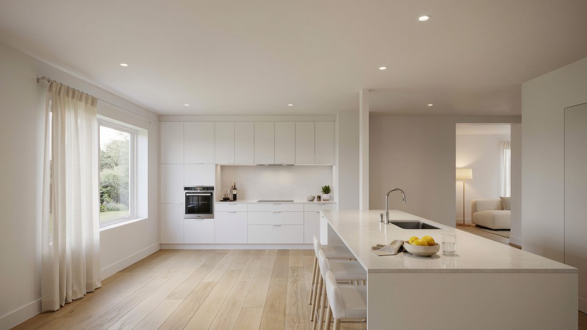 White minimalist kitchen with a long waterfall island beside a narrow pale column