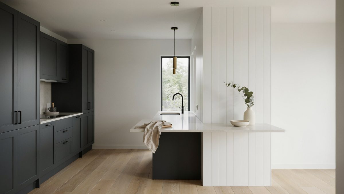 Charcoal shaker cabinets facing a white slat wall with a black island counter