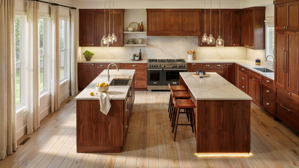 Rich walnut cabinetry framing twin islands lit by clear glass mini pendants