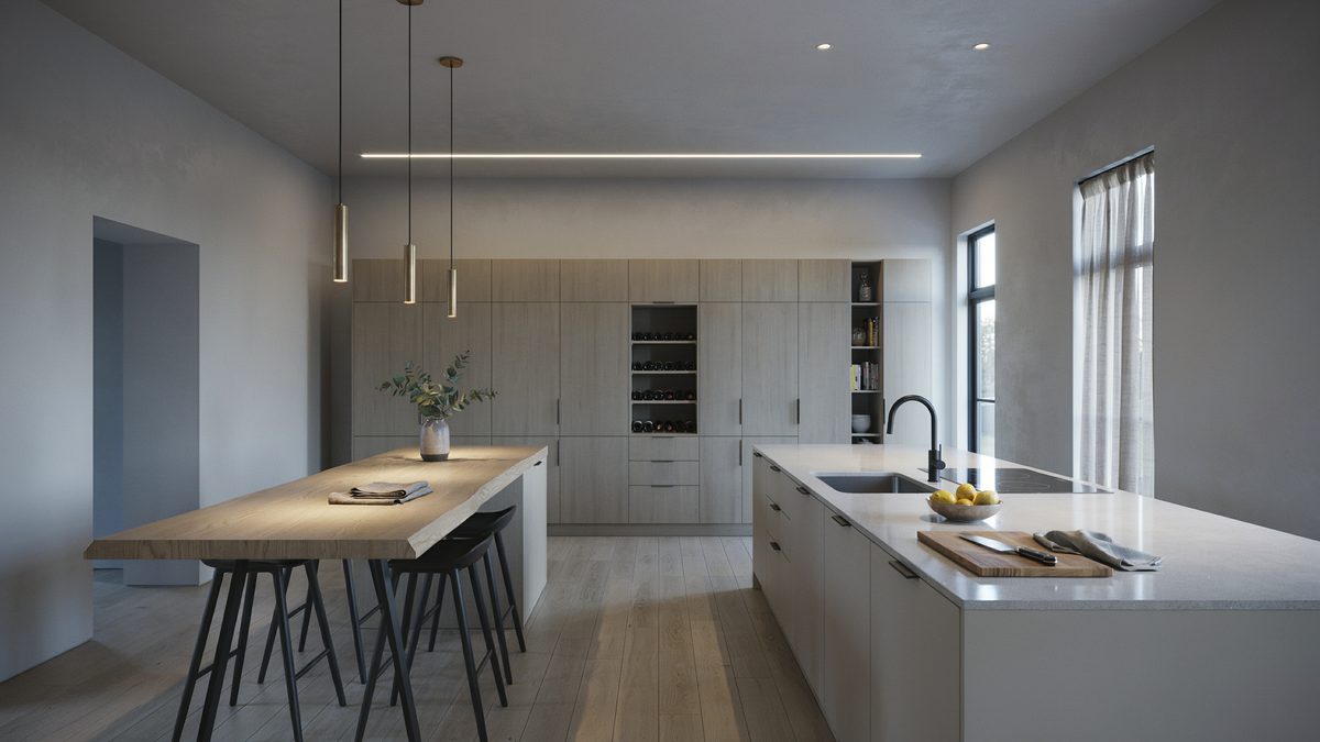 Slim wood dining island standing beside a wide white prep island