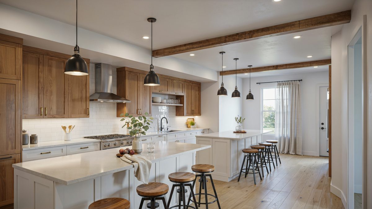 Oak upper cabinets above two white bar islands lined with black stools
