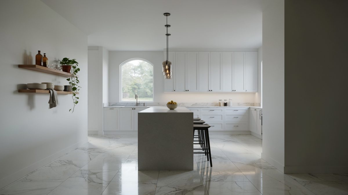 Gray island and black stools set on glossy white marble floors