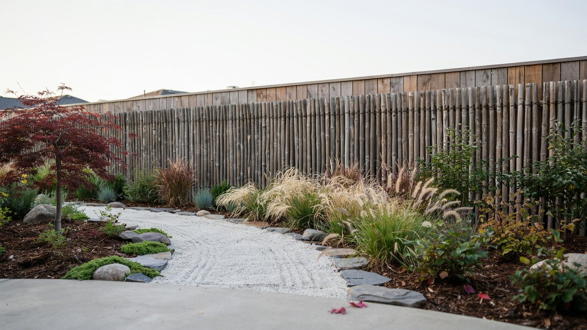 Gravel path and grasses beside a dark bamboo style fence
