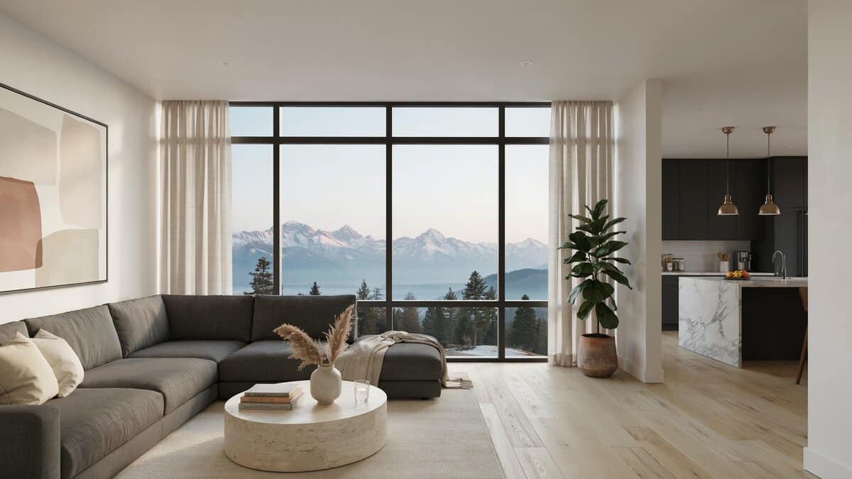 Contemporary living room with amazing views through large windows and open concept design