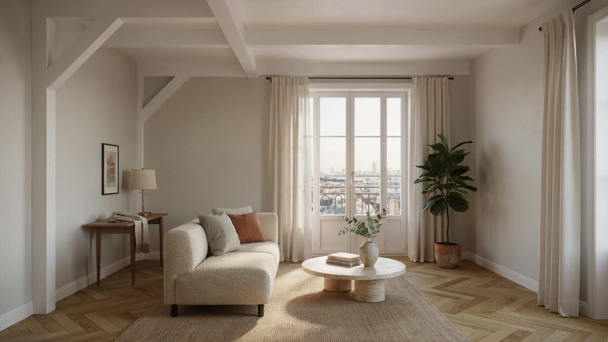 Contemporary living room with city views, wood floors and painted beam ceiling