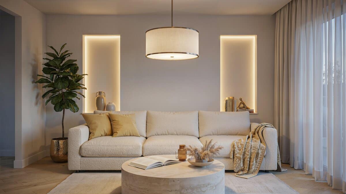 Modern design living room with lighted wall alcoves and drum chandelier