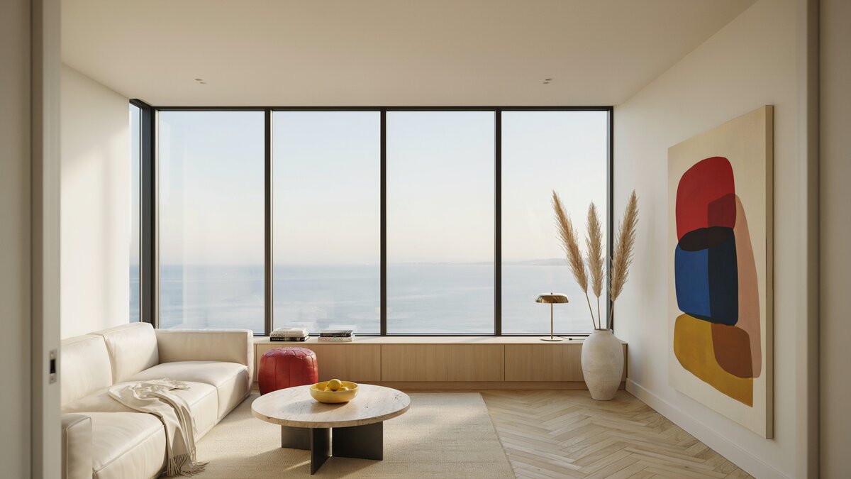 Contemporary white furniture living room with expansive ocean views