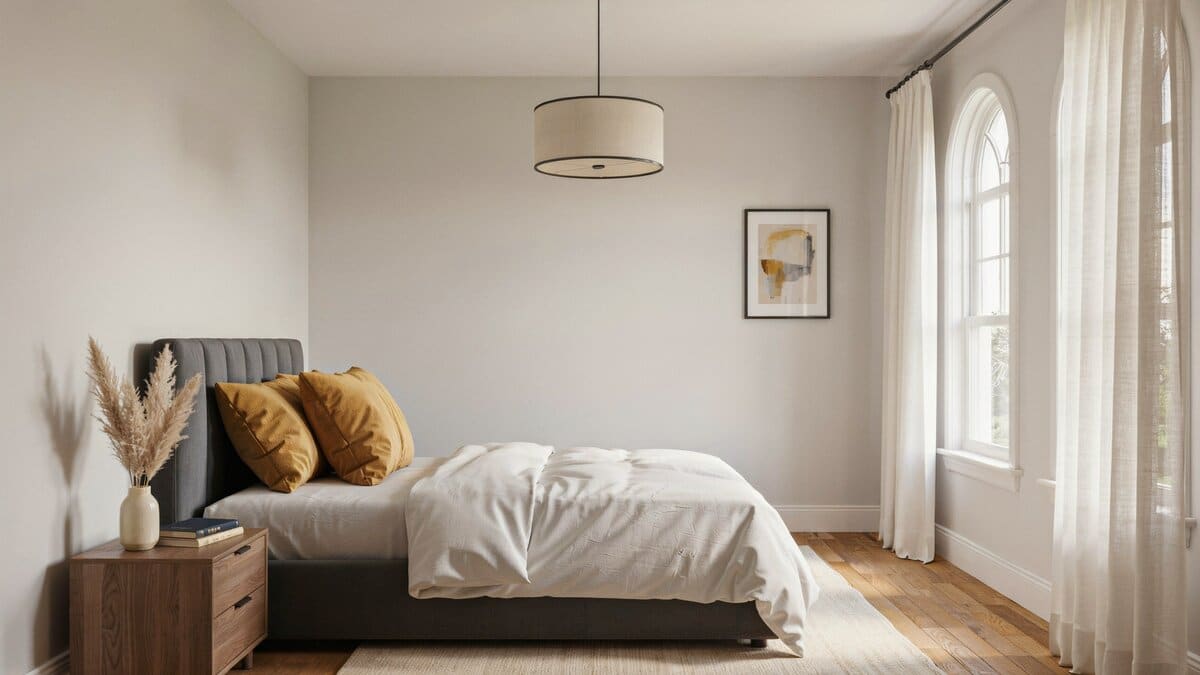 Drum pendant hangs over a gray headboard with mustard pillows and white bedding
