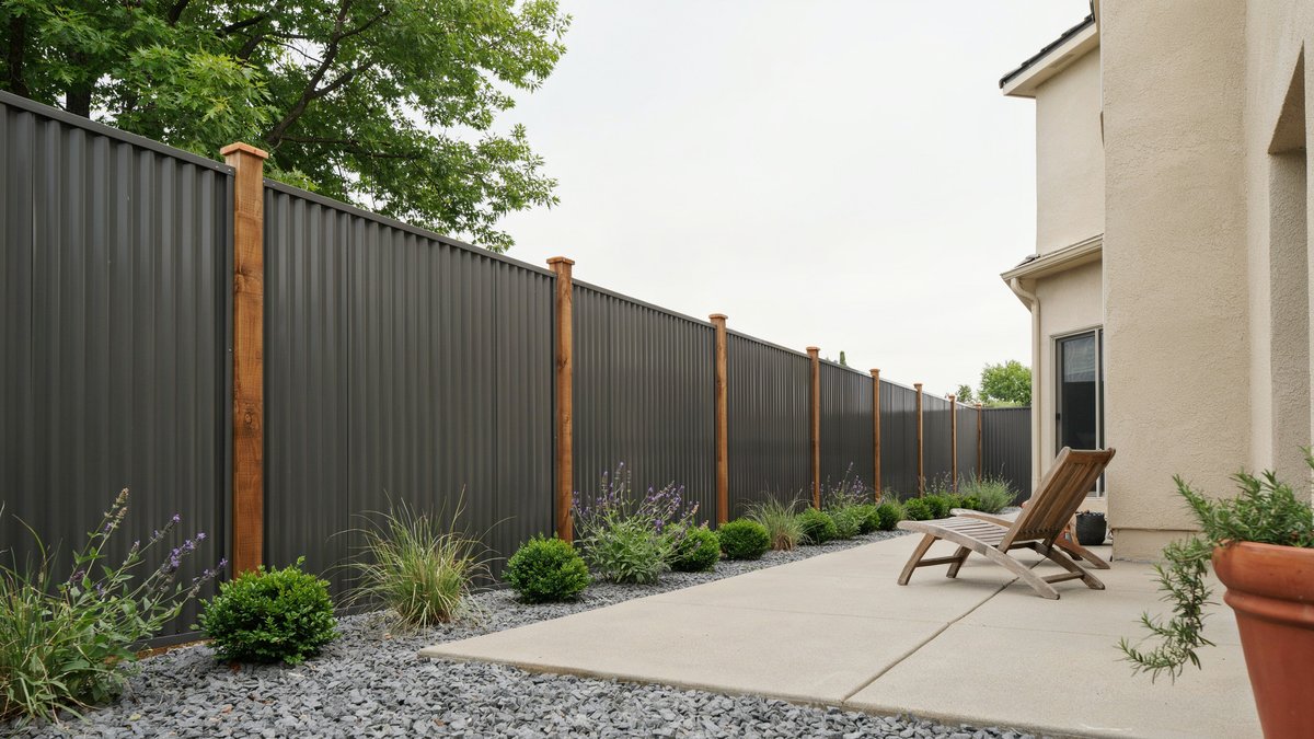 Dark corrugated metal fence panels set between tall cedar posts