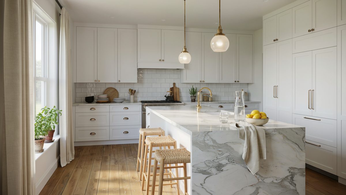 White cottage cabinets and a marble breakfast bar lit by two globe pendants