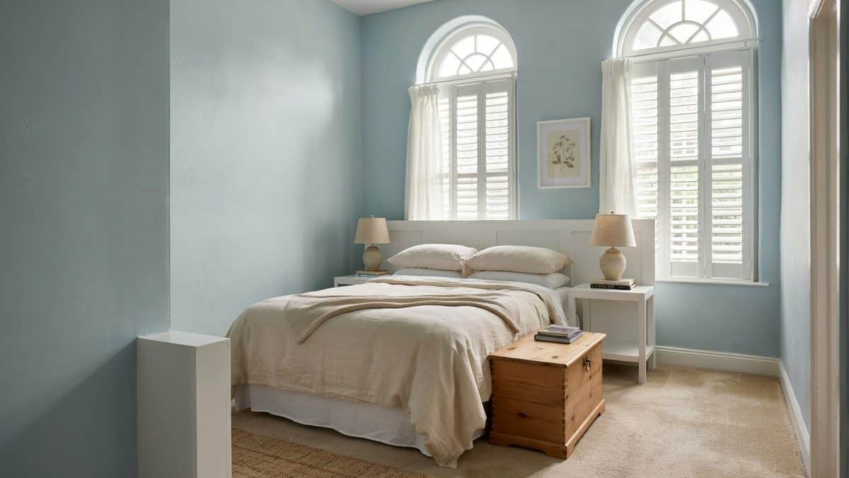 Aqua blue cottage room with arched shutters and an oak storage chest
