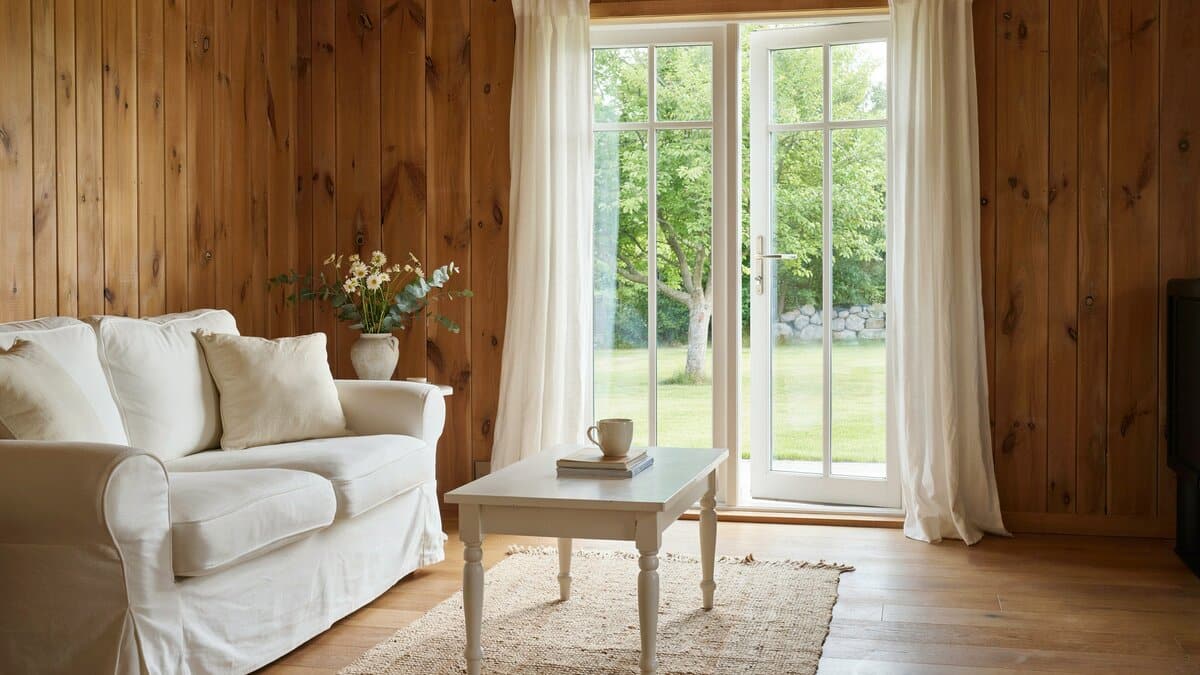 Cottage style living room with white furniture french doors and window views to backyard