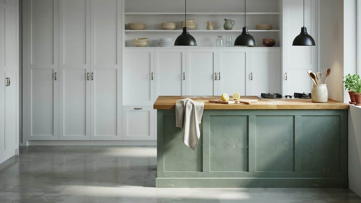 Green washed island with a butcher block top against white cabinets and concrete floor
