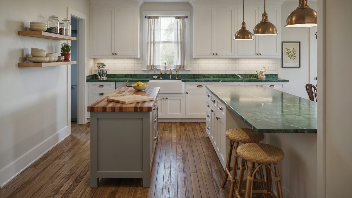 Green stone breakfast bar next to a butcher block topped gray island