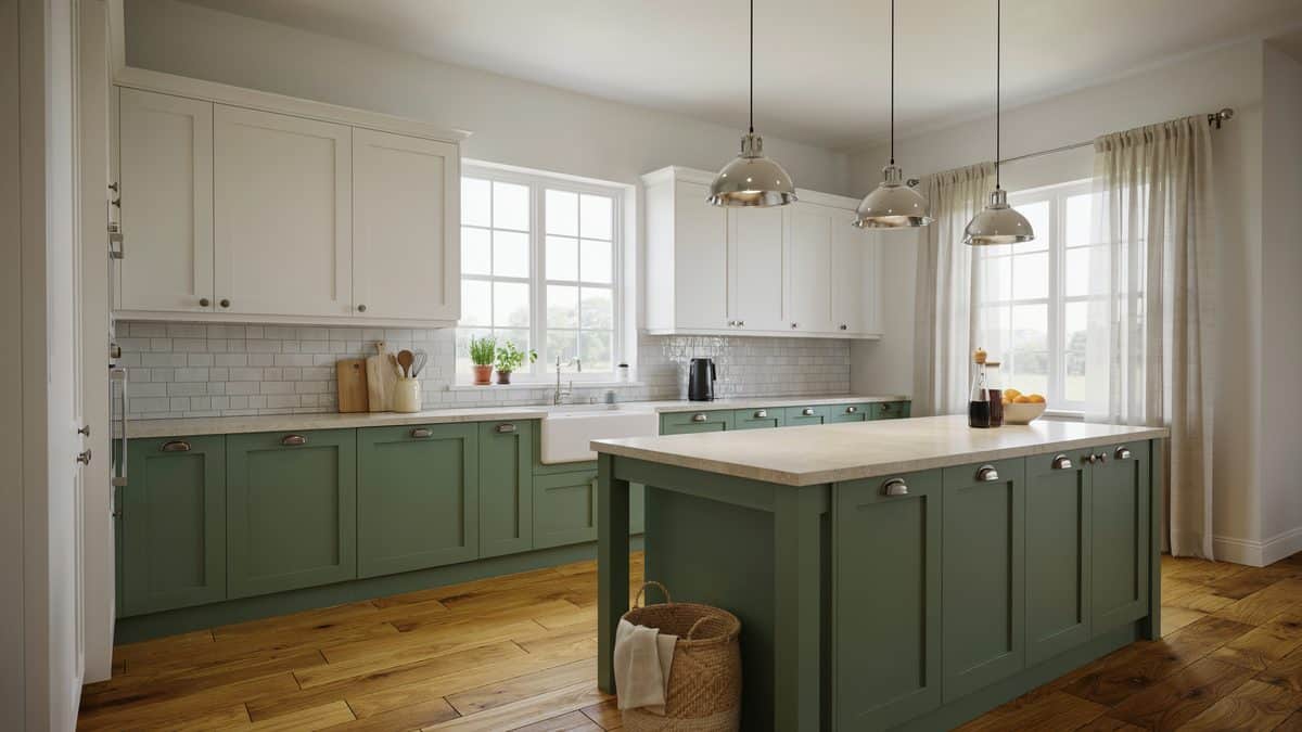 Sage lowers and white uppers lit by three polished chrome dome pendants