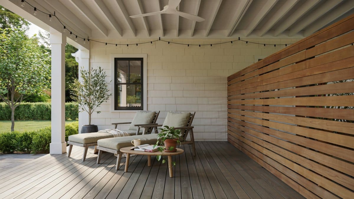 Horizontal wood screen wall shielding one end of a porch