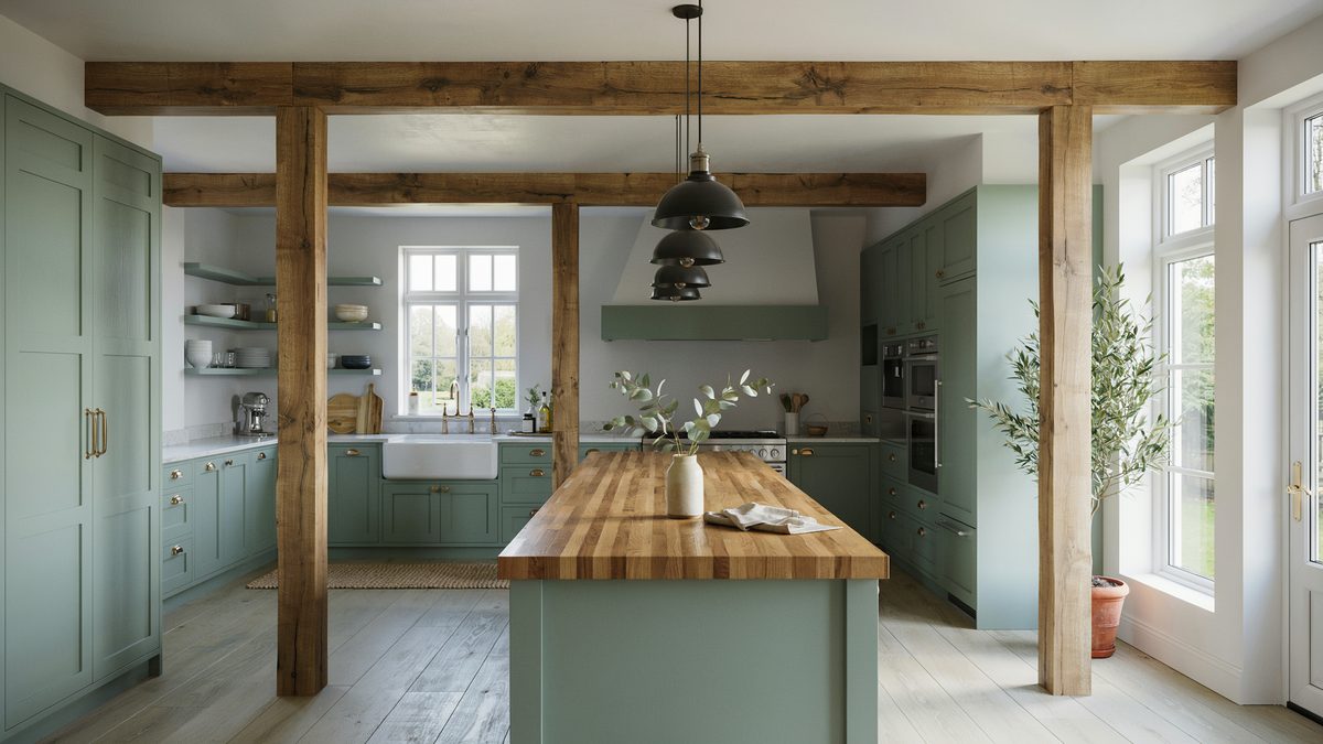 Sage green kitchen framed by chunky timber posts with a butcher block island