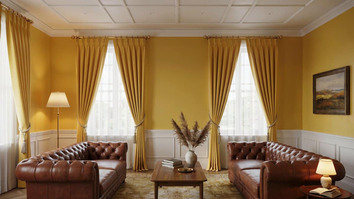 Decorated formal yellow living room with coffered box ceiling