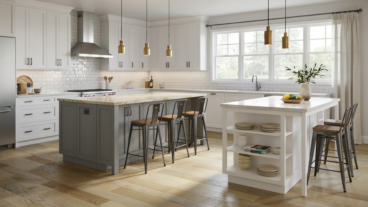 Gray island and white shelved island under slim brass pendant lights
