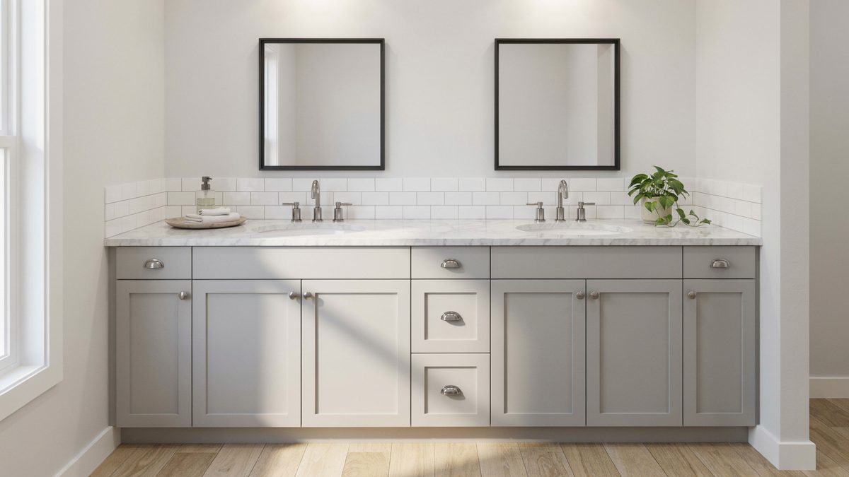 Gray shaker double vanity topped with Carrara marble and two black framed mirrors