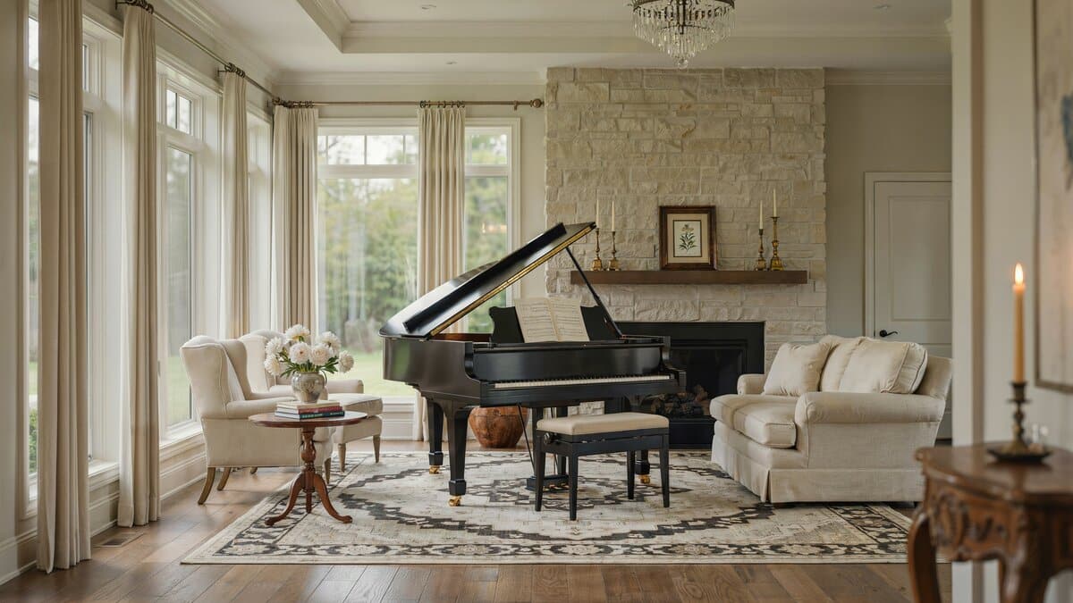 Elegant traditional living room with fireplace, baby grand piano and cream color furniture