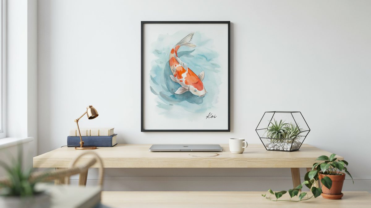 Watercolor koi print on a white wall above a pale oak desk and terrarium