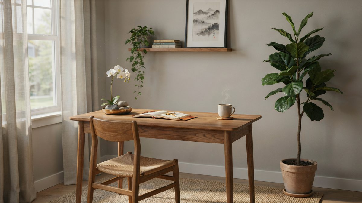 Natural wood desk with a fiddle leaf fig and orchid on a floating shelf