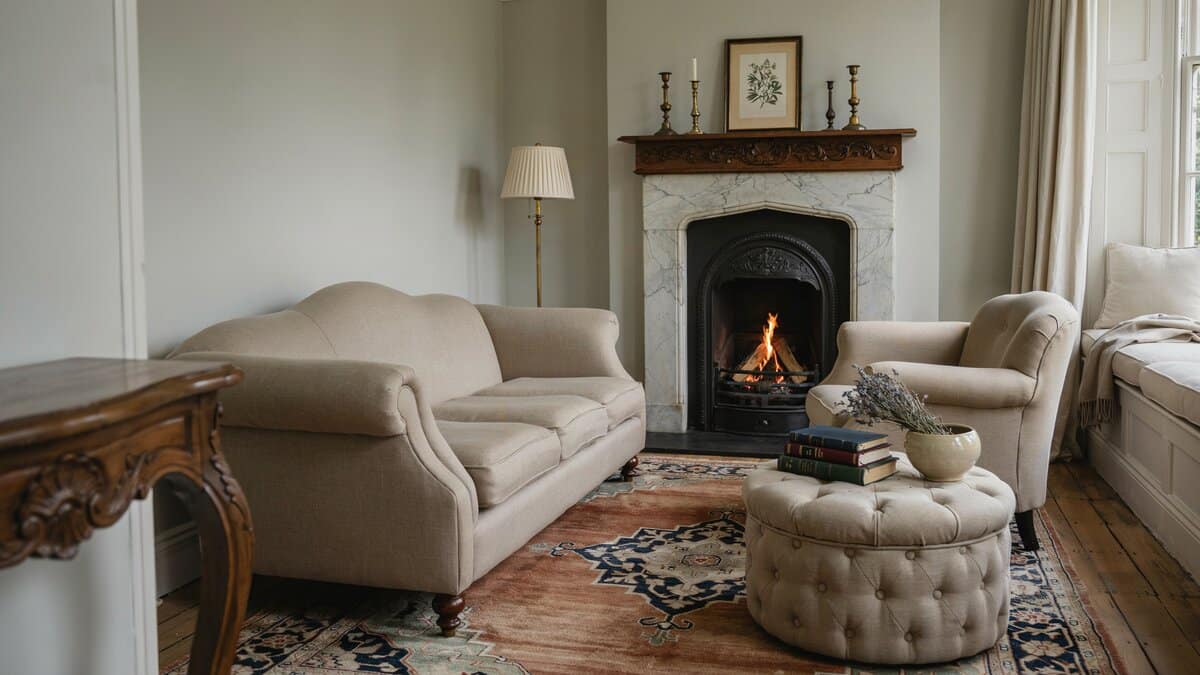 Formal living room with beige furniture fireplace and bay window