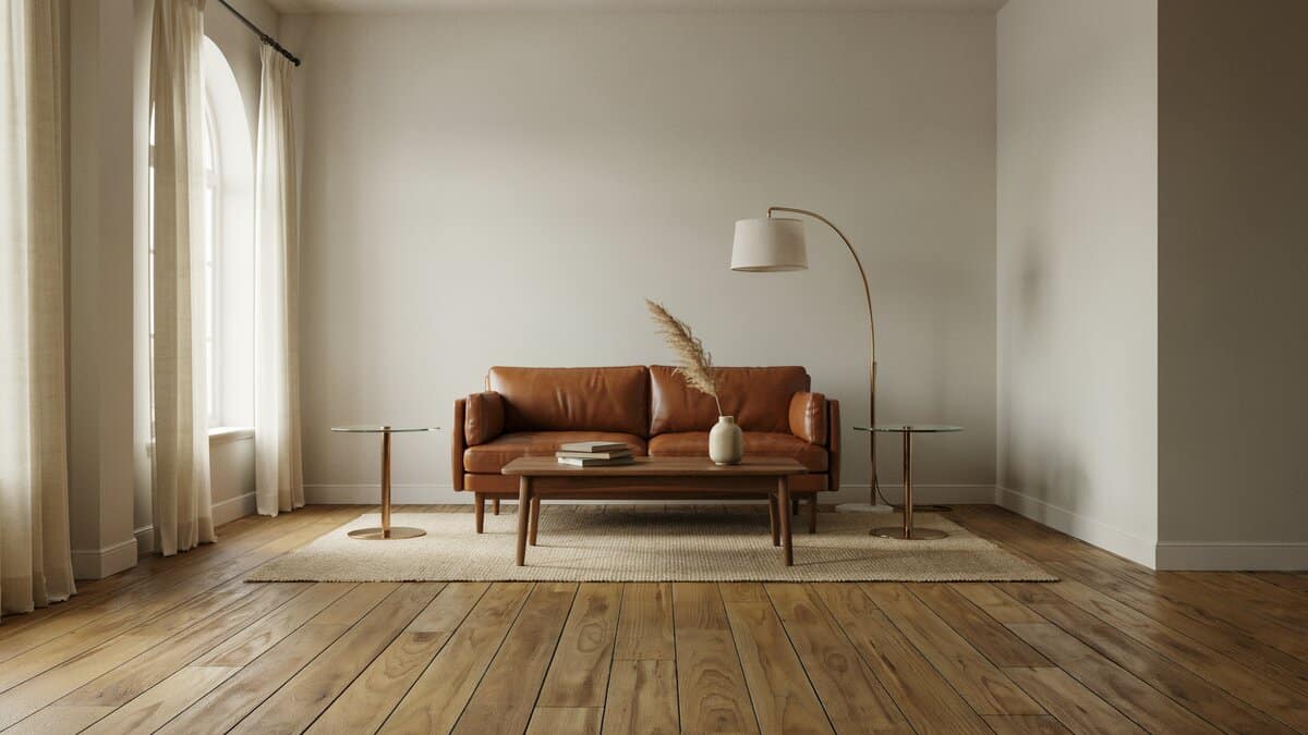Formal living room with gray walls and wide plank wood flooring