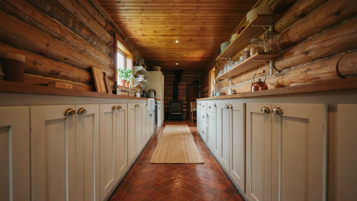 Galley style log cabin kitchen with antique white cabinets and polished terracotta brick floor