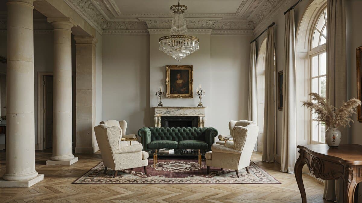 Grand living room with stone pillars archways, high ceiling and chandelier