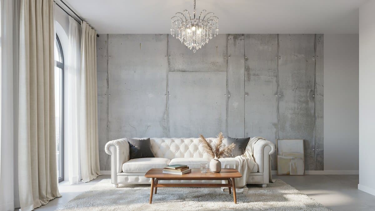 Gray and white living room with shag area rug, curtains, sofa and chandelier