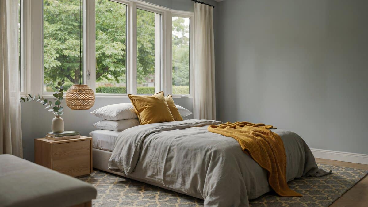 Patterned rug and garden windows frame a gray bed topped with a mustard throw