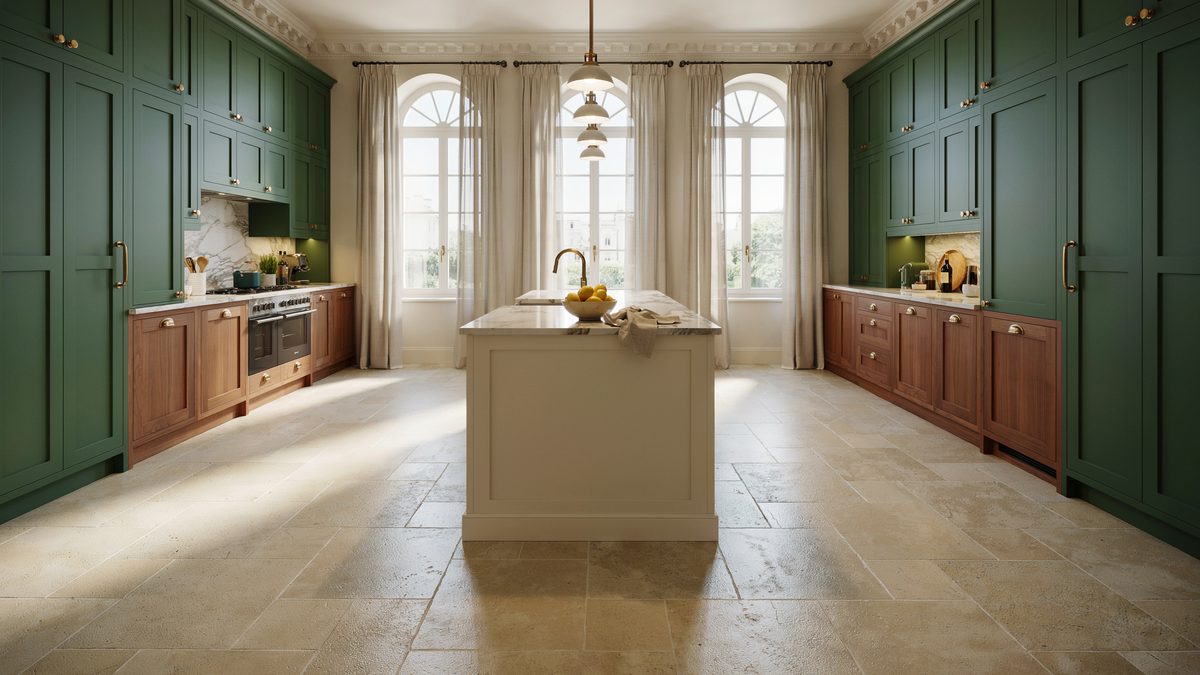 Deep green and walnut cabinetry flanking a cream island on travertine tile