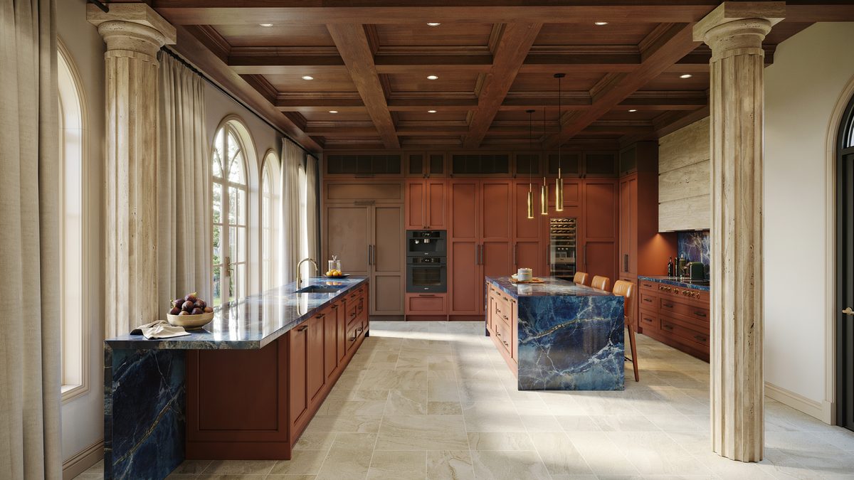Blue stone islands between stone columns under a coffered wood ceiling