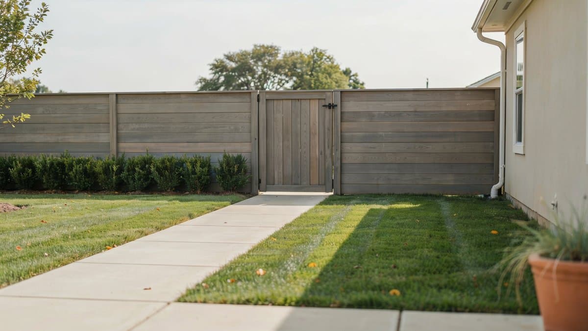 Grey stained fence with matching gate opening onto a walkway